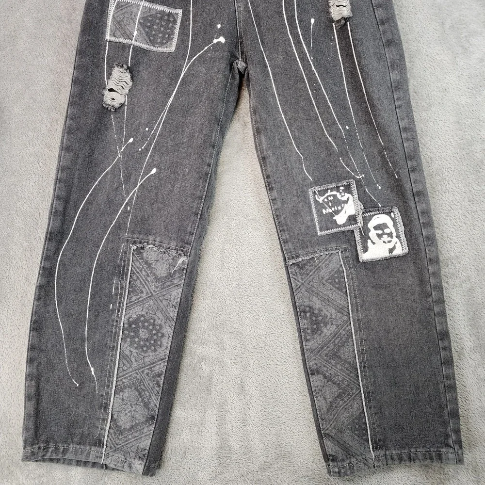 Fashion Jeans Womens 30 in Waist Gray Distressed Graphic Patch Paint Splatter - Picture 8 of 10